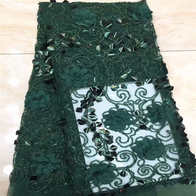 

2019 Latest French Tulle Lace Fabric High Quality With Sequins African Nigeria Voile Lace Embroidered 3D Applique Green Color