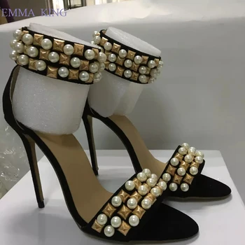 

New Sweet Girls Black Sandals Gold Square Rivets Pearl Decor Gladiator Sandals Stilettos High Heels Fashion Summer Women's Shoes