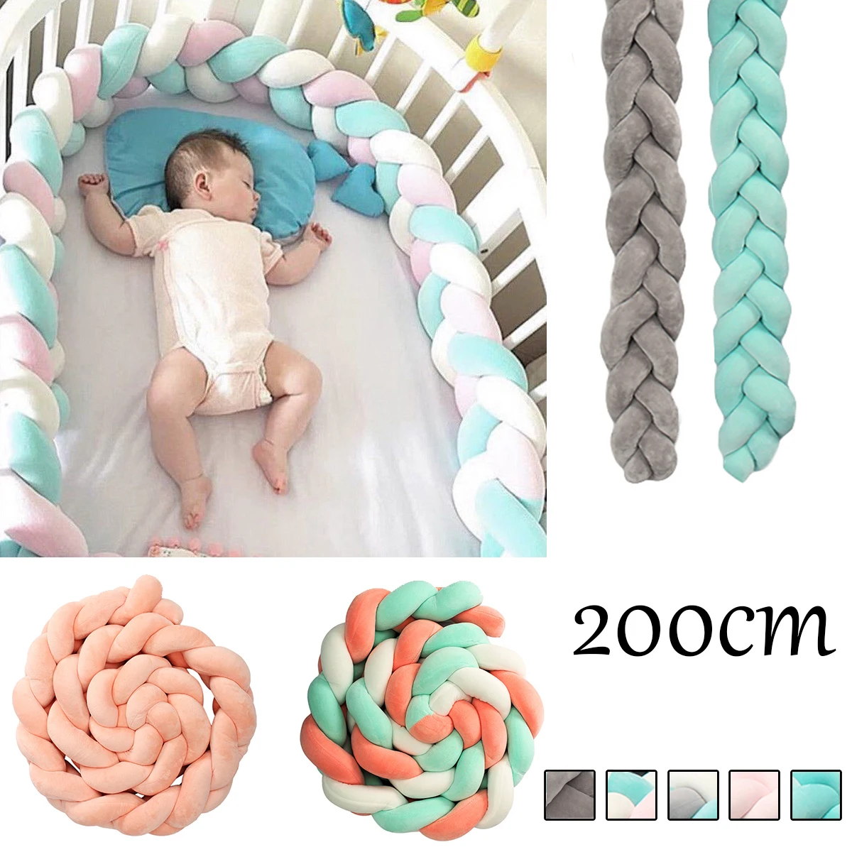 

200cm Portable Baby Bed Bumper Pillow Newborn Weaving Plush Knot Crib Protector Infant Safety Bedding Crib Pad Kids Room Decor