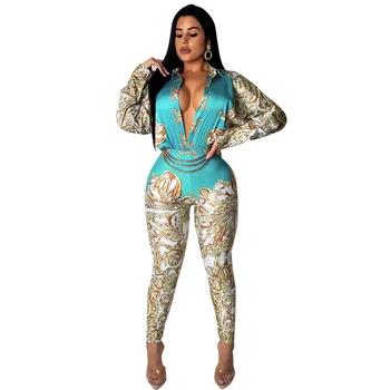 

Women Jumpsuit Romper Long Sleeve Sexy Vintage Chain Print Playsuit Overalls Long Trosers Elegant Office Ladies Casual Slim 2019