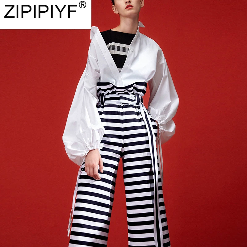 2018 Autumn Fashion Women 2 Piece Turn down Collar Lantern Sleeve Shirt Tops &amp Female High Waist Striped Trousers Suit C2814 | Женская