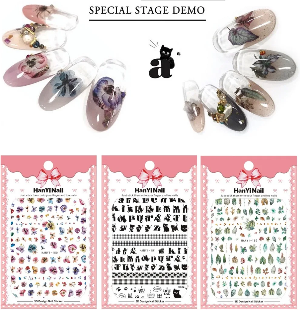 

3 sheet 3D Nail Stickers Designs Ultrathin Japanese Viscous 3D Nail Art Stickers Decals Makep Art Decorations HanYI150-152