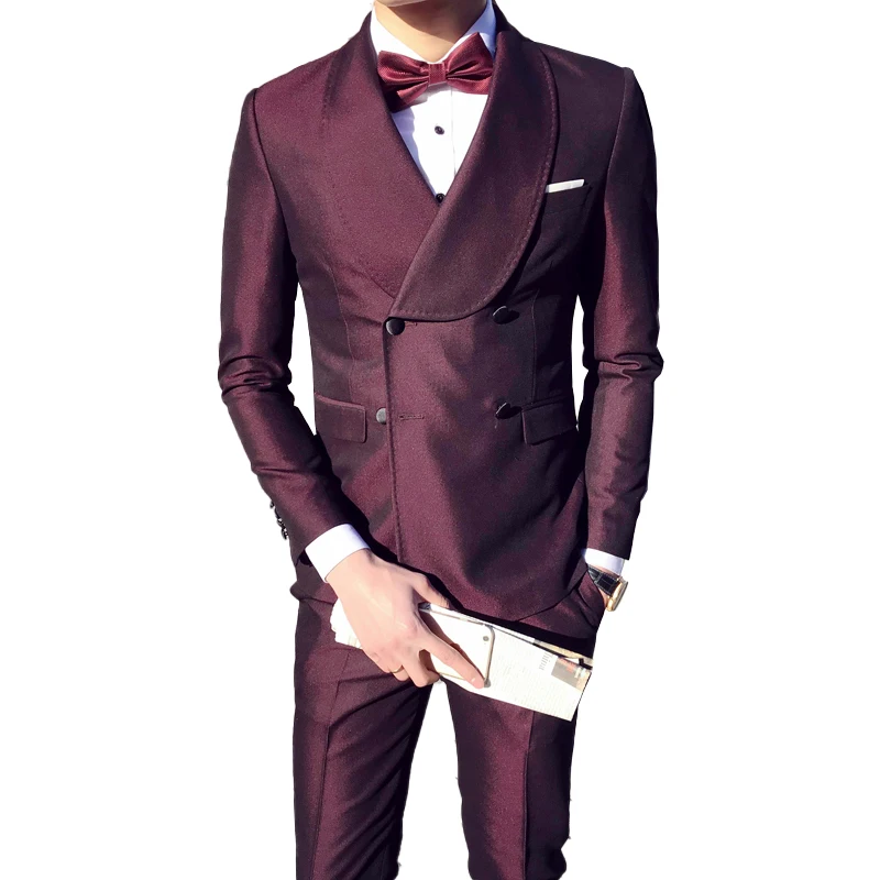 ( Jacket + Vest Pants )2019 Mens Large Lapel Double-breasted Slim Formal Gown Set Boutique Groom Suit Men's Wedding Stage | Мужская