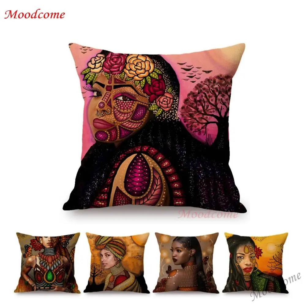

Fashion African Queen Girl Princess Throw Pillow Case Modern Africa Woman Abstract Painting Art Linen Sofa Cushion Cover Case