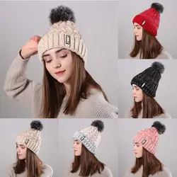 Зимние Теплые; больших размеров Velvet вязаная шапка Кепки милые шапки с помпонами удобные простые шапочка Новый