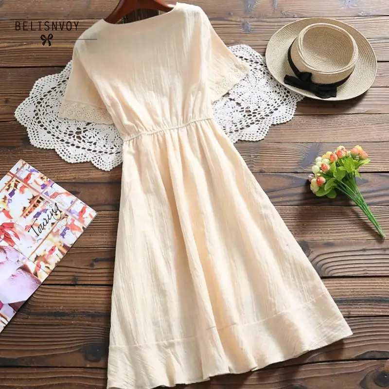 Женское платье с коротким рукавом Mori Girl однотонное льняное абрикосового цвета v