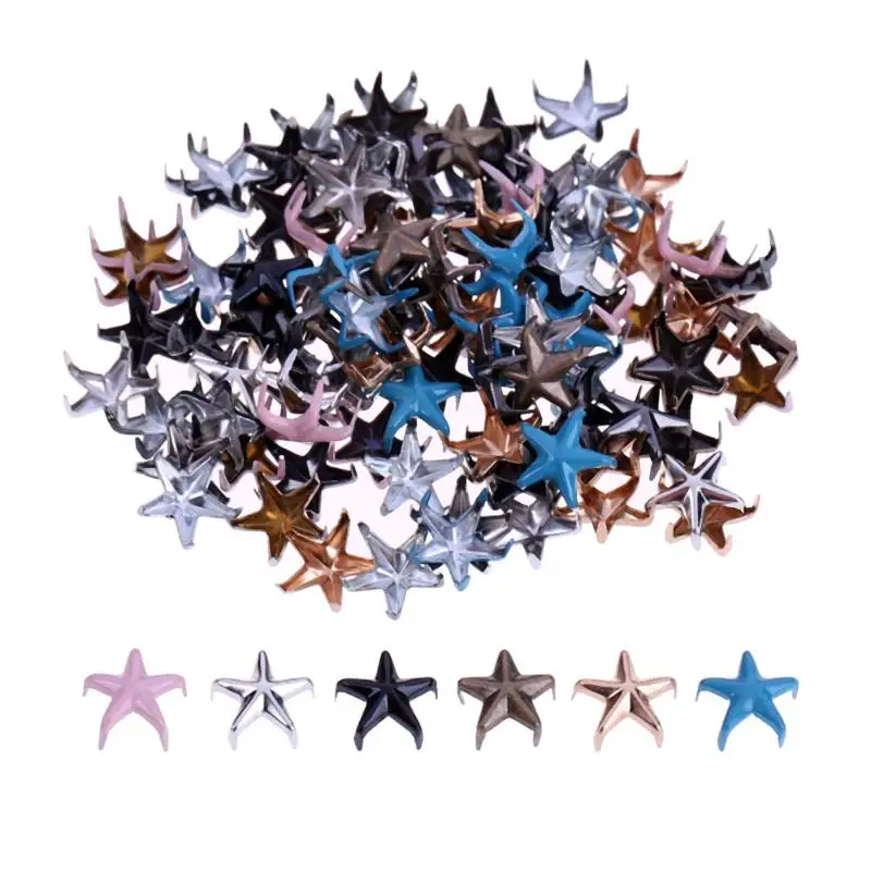 

100pcs Metal Star Rivets 6 Colors Mixing Rivet 10mm Nickel Copper Stud Punk Rock Spike Lethercrafts Accessies Retail
