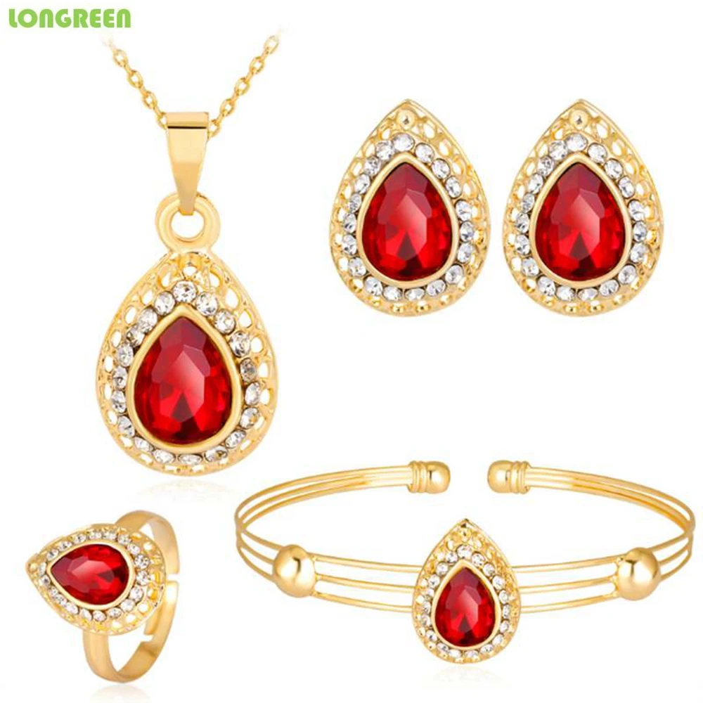 

Fashion Gold Water Drop Pendant Necklace Earrings Ring Bracelet Wedding Dubai Jewelry Sets For Women African Jewelry Set Joyería