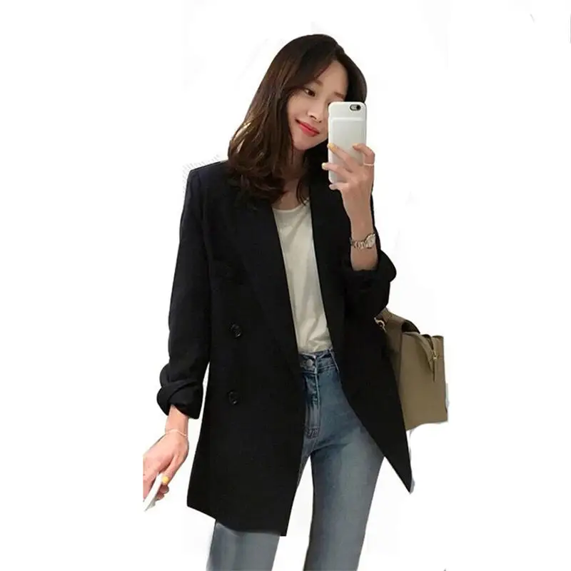 

2019 NEW Spring Autumn Coats Women Korean Black Small Suit Long Section Loose Thin Casual Blazers Suit Jacket Female Tops N841