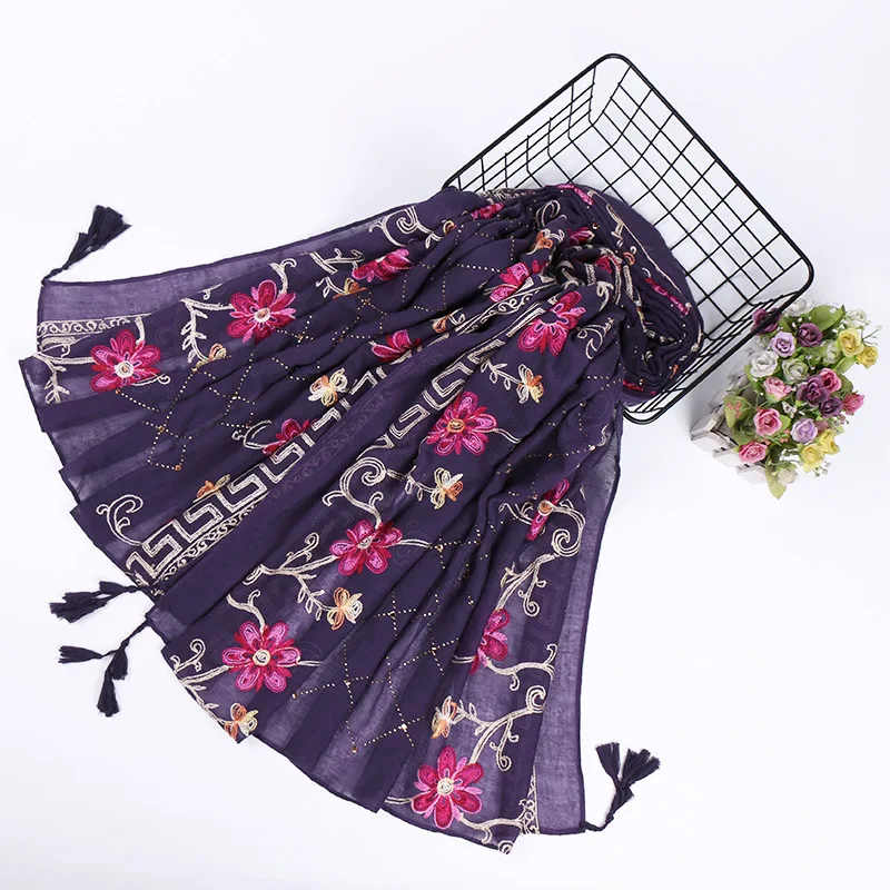 

Ladies Fashion Plain Stitch Floral Diamond Cotton Scarf Shawl Autumn High Quality Pashmina Cachecol Bufandas Mujer Muslim Hijab