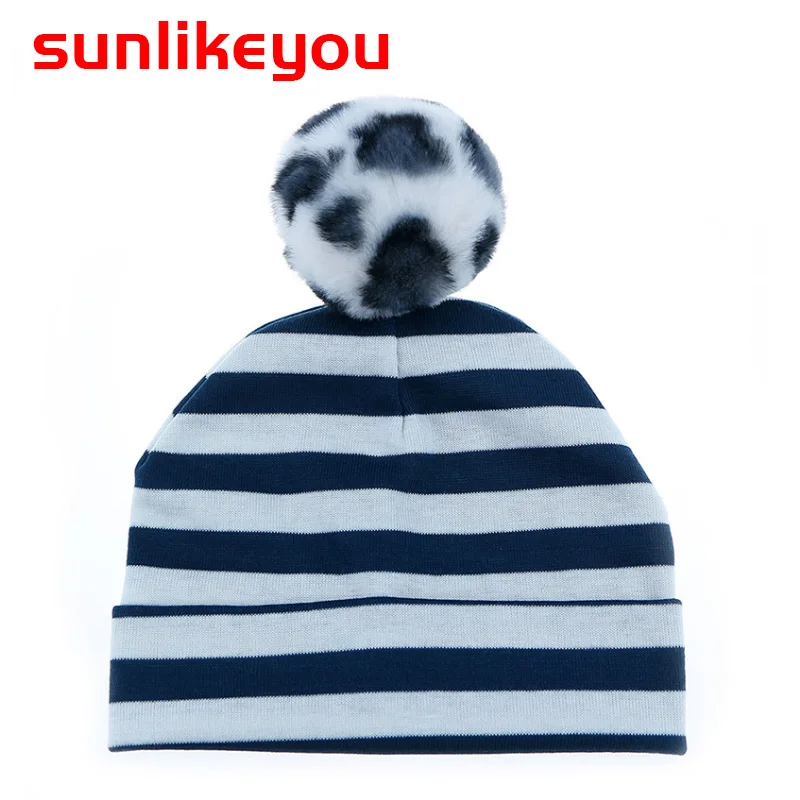 

Sunlikeyou 2019 Spring New Unisex Newborn Baby Boy Girl Kids Hat Faux Fur Pompom Cotton Soft Stripe Cute Toddler Beanie Hats Cap