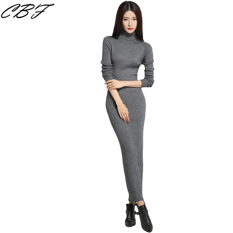 

CBF 2019 Spring Women's Knitted Cashmere Wool Dress High collar&Round collar Long style Solid color high quality Dress