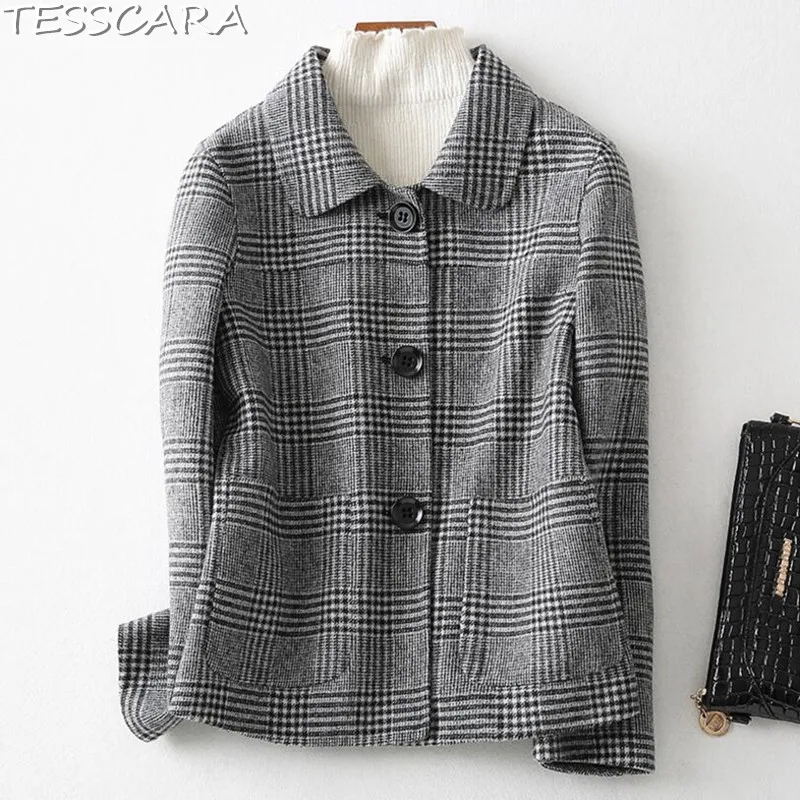 Qualité Plaid Tesscara Veste Laine Vestes Bureau Automne Haute Grey De Pardessus Femmes Femelle Manteaux Base Mélange Cachemire Manteau wOOSrRx