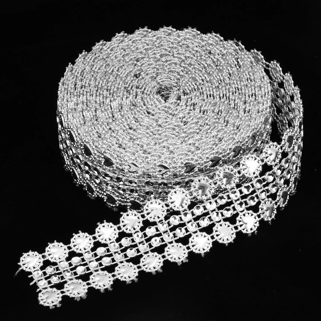 5 Yards Bling Diamond Wrap Ribbon Silver Rhinestone Mesh Roll Tape Tulle Crystal Ribbon for DIY Cake Wedding Decoration Favors