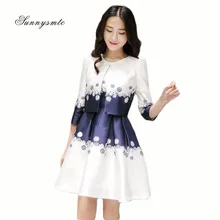 Spring/Summer Female Dress Coat 2 Pieces 2017 Slim Edition Floral Printed Pleated Fashionable Dress + Coat For Girl