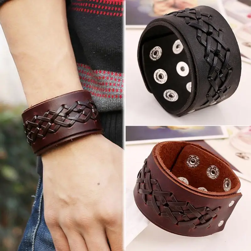 Rock Punk Wide Leather Mens Wristband 