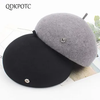 

QDKPOTC High Quality 100% Wool Felt Berets Women Fashion British Girls Beret Hat Slouchy Stereoscopic Solid Color Winter Cap