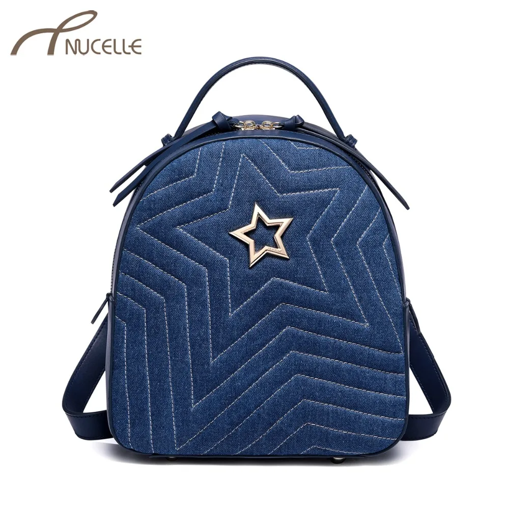 

NUCELLE Women's Leather Backpack Ladies Fashion Denim Five Star Double Shoulder Bags Female Elegant All-match Travel Backpack
