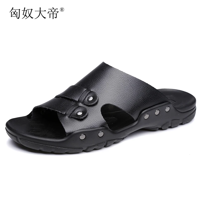 Summer Men Leather Slippers Fashion Leather Male Slippers Soft Leather Foot Massage Slippers Summer Men Beach Shoes