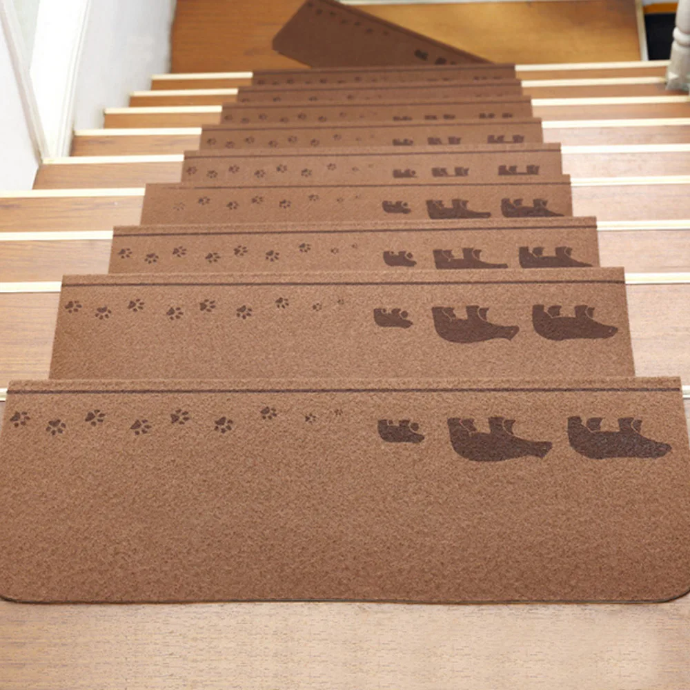 

13Pcs Home Self-adhesive Non-slip Floor Staircase Carpets Cute Animals Pattern Stair Treads Protector Mats Dark Coffee Color