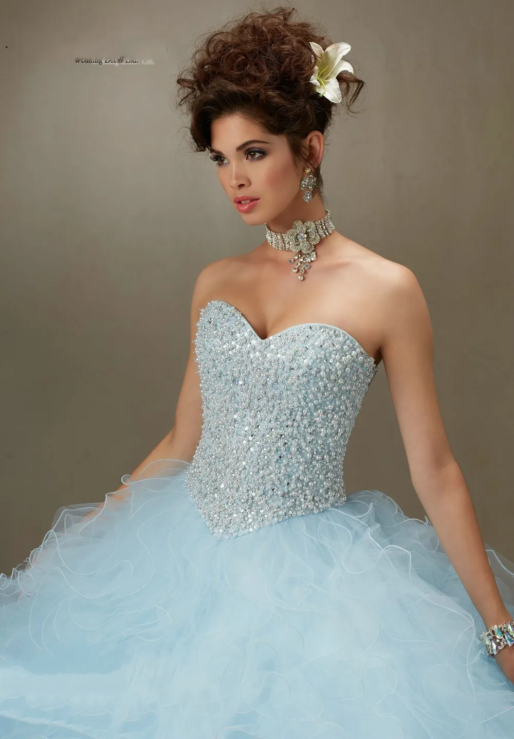 Элегантный пышное платье светло-голубой розовый органзы бальное платье на заказ Beade кристалл оборками Vestidos 15 Anos Q1032