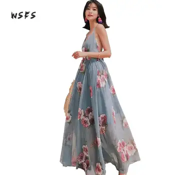 

Summer Blue Beach Dresses Floral Vneck Spaghetti Strap Backless Boho Women Dress Bodycon Bohemian Sexy Patry Long Dress Vestidos