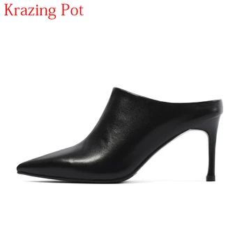 

2018 New Arrival Genuine Leather Slingbacks Women Summer Shoe Slip on Pointed Toe Office Lady Mules High Heels Concise Pumps L66