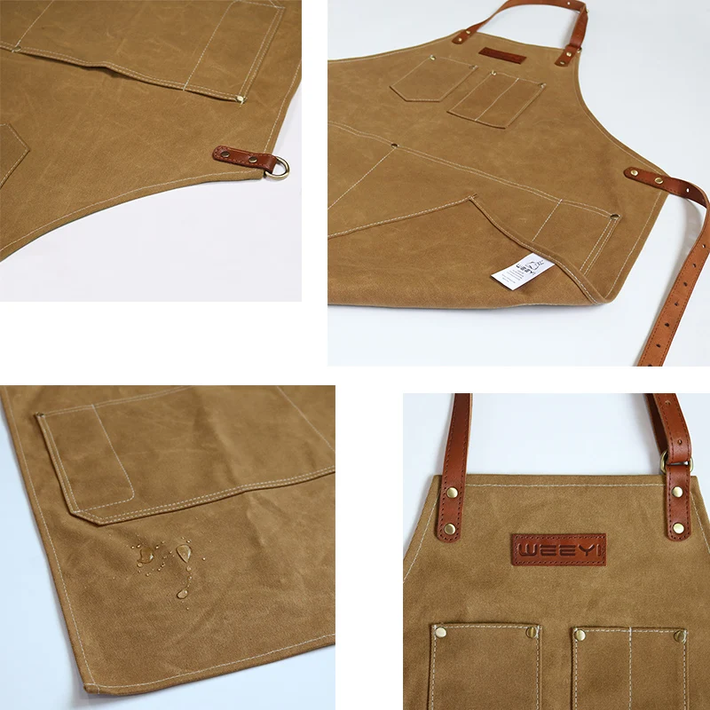 WEEYI Retro Brown Waxed Canvas Apron for Barber with Pockets and Genuine Leather Straps Water resistant Men&Women Professional  (3)