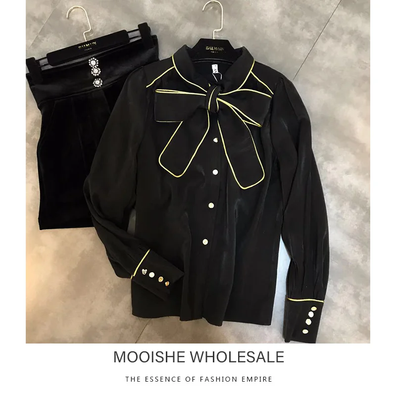 

Gold Stripe Bow Women Black Shirts Casual Thicken Spring Shirts Tops