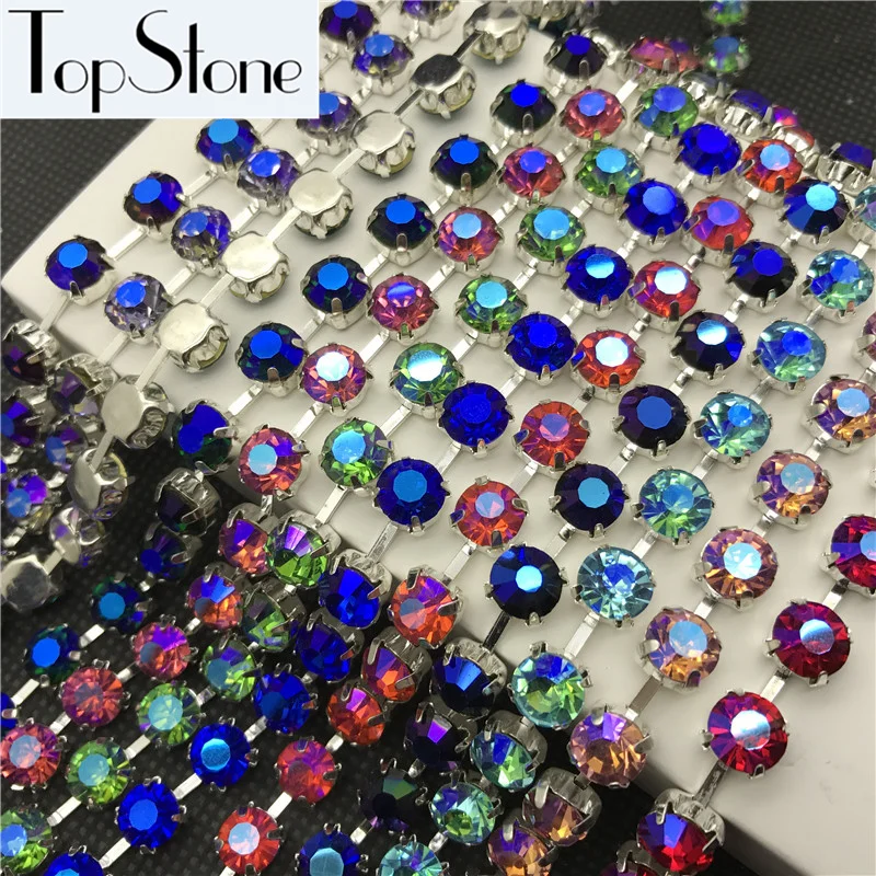 

New Colors AB ss38 High Quality Crystal Rhinestone Round Cup Chain Silver Base 8mm Glass Chatons In Claw Chain Jewelry Making