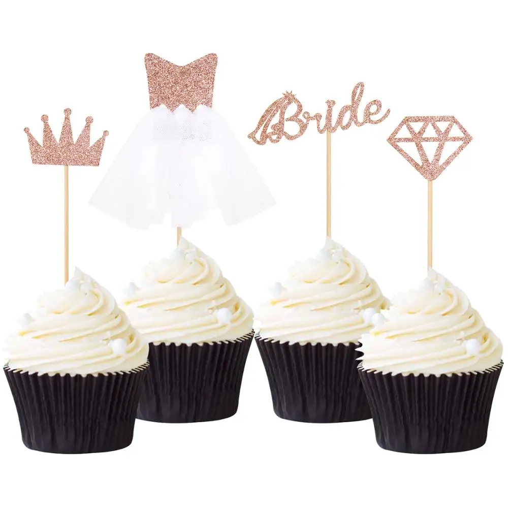 

4/12pcs Rose Gold Glitter Bride To Be Cupcake Toppers Diamond Crown 3D Wedding Dress Cake Toppers for Bridal Shower Supplies