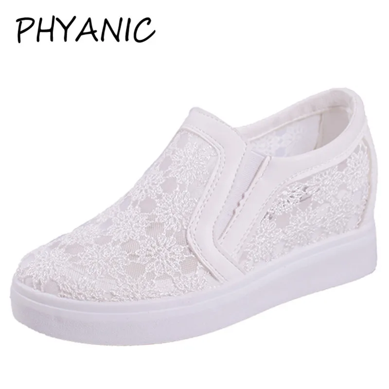 

PHYANIC 2018 Summer New Women Flats Lace Material With Elastic Band Slip On Loafers Platform Wedge Shoes Woman White PHY4121