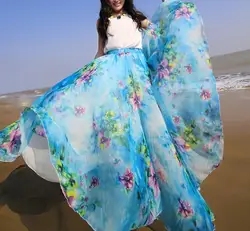 Летняя Женская легкая шифоновая юбка макси с эластичным поясом и цветочным принтом, пляжная одежда