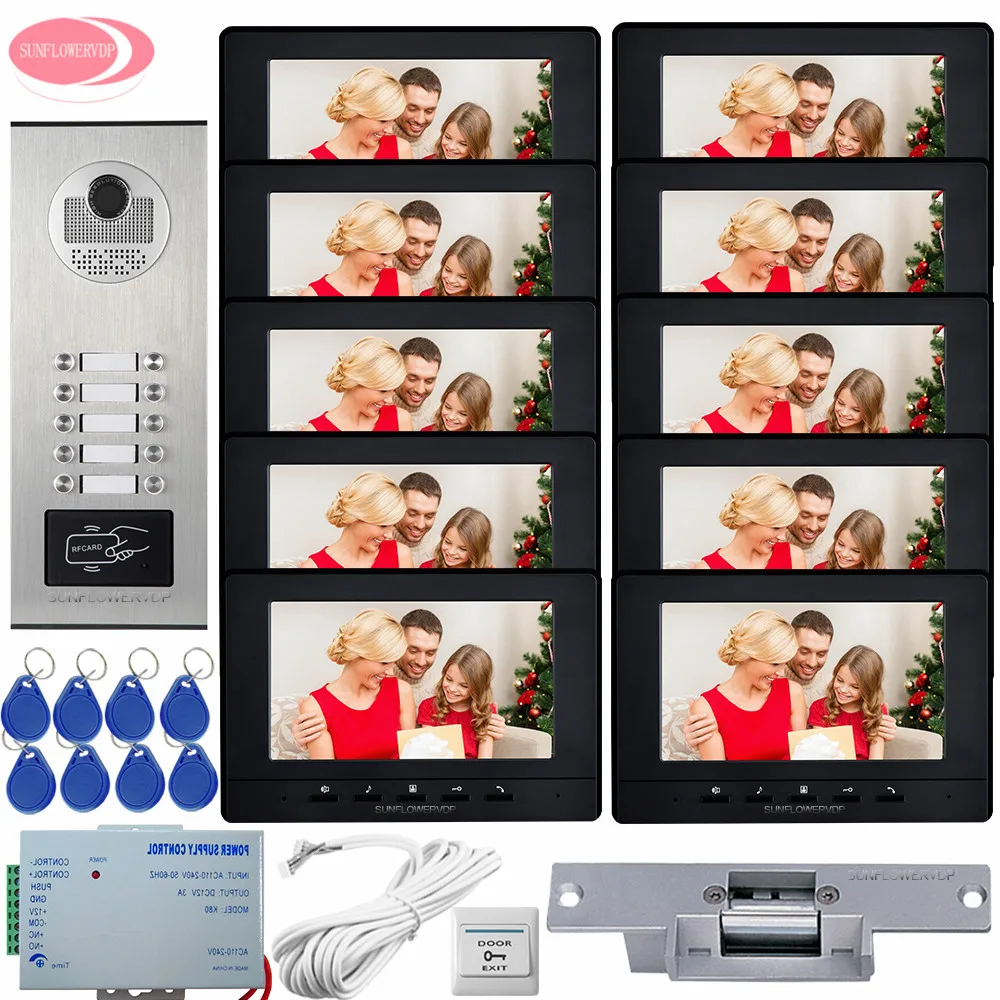

For 10 Apartment Video Door Phone Intercom + 10 Keys Rfid Access Control Video Camera Video Intercom System Electric Strike Lock