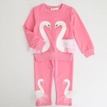 

Children Girls Winter Clothes Set Pink Black Swan Printed Top with Pants Clothing Set Kids Girls Casual Outfit Children Clothes