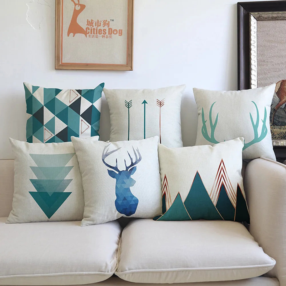 

45*45cm Printed Cushion Cover Linen Cotton Geometric Deer Head Arrow Pattern Nordic Style Pillowcase Simple Throw Pillow Covers