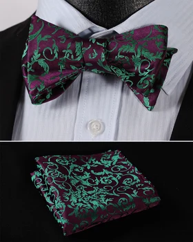 

Pocket Square Classic Party Wedding BF2018GS Green Purple Floral Bowtie Men Silk Self Bow Tie handkerchief set