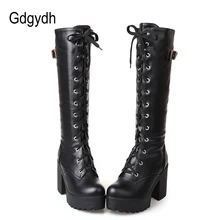 Gdgydh – Bottes hautes en cuir à talon carré pour femme, chaussures, mode multi saisons, grandes tailles 43