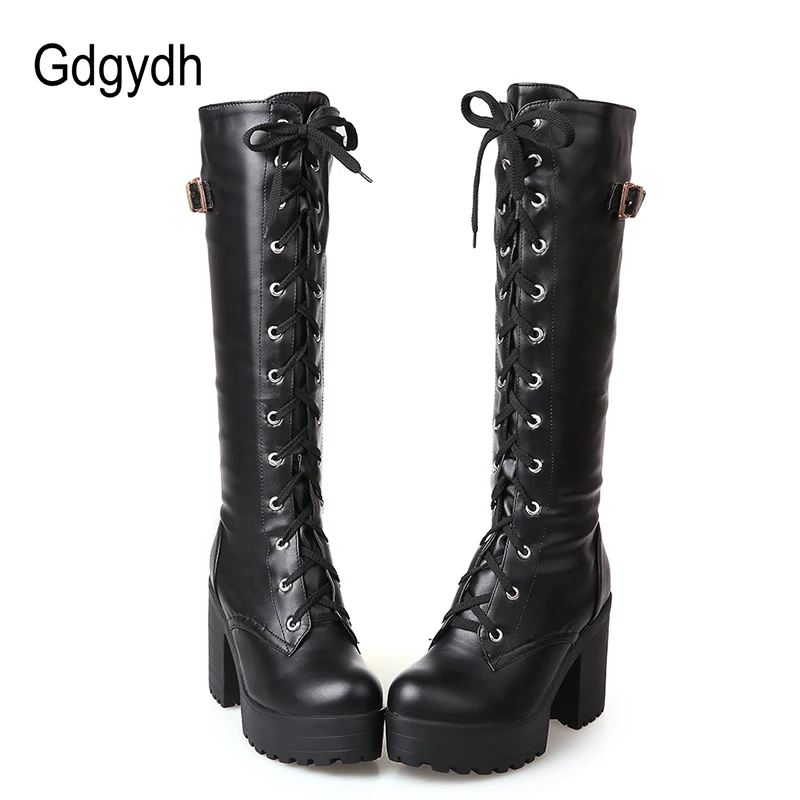Online Gdgydh gran oferta primavera otoño botas altas hasta la rodilla moda mujer zapatos de cuero de mujer de tacón cuadrado blanco invierno PU talla grande 43