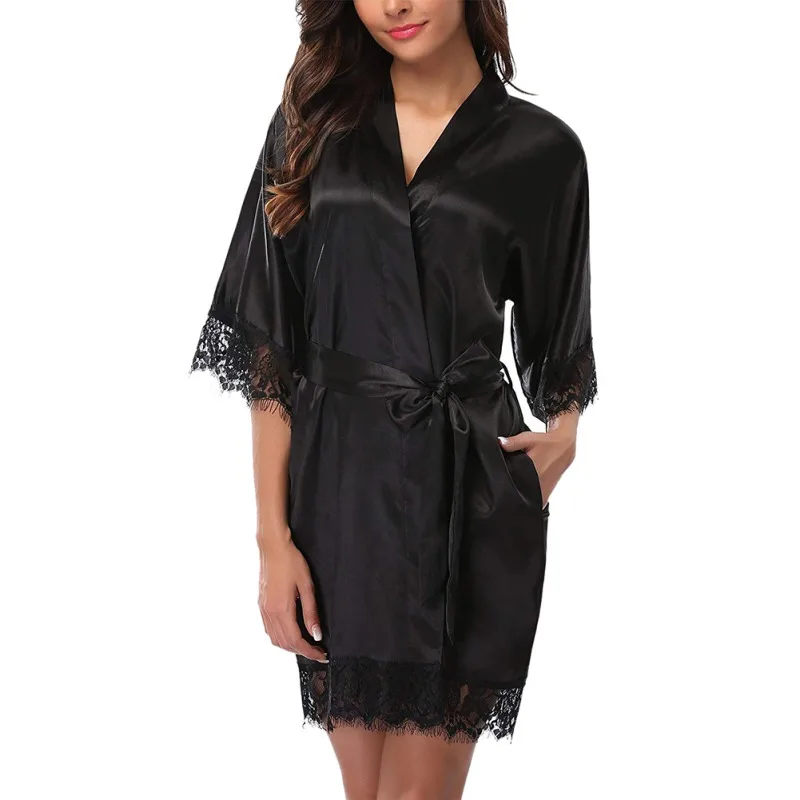 

Sleepwear Women Sexy Pajamas Bathrobes Satin Robe Nightgown 2019 New Fashion Lingerie Night Mini Dress Lace Sexy Halt Sleeve