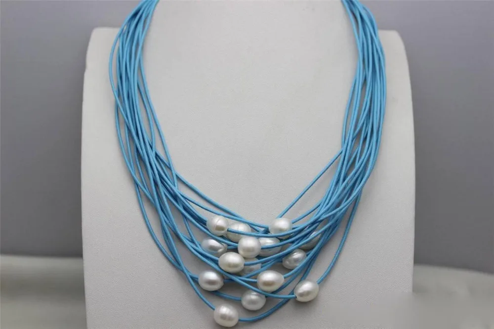

Hot sale new Style >>>>>white10x12mm freshwater pearls 15strands Turquoise Blue leather cord necklace
