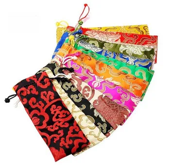 

10 pcs 7x18CM,Drawstring Bag Silk Pocket jewelry pouches propitious cloud pattern mixed color Chinese traditional silk bag