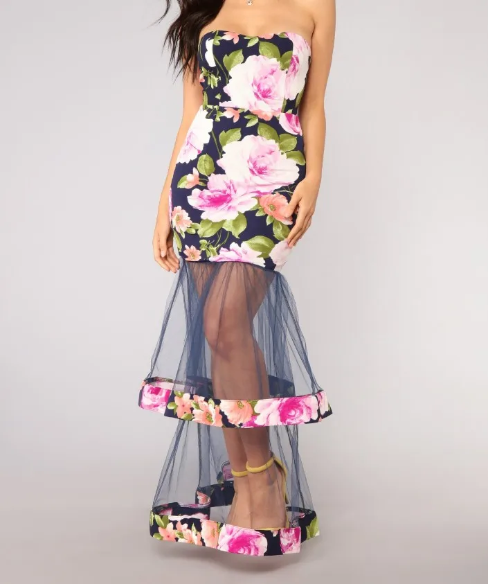 

Strapless Bodycon Long Dress Women Vintage Floral Print Elegant Sexy Mesh Patchwork Mermaid Fashion Backless Summer Maxi Dresses