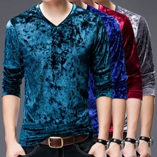 Новое поступление, мужские бархатные Футболки с длинным рукавом золотого цвета, Весенняя Мужская модная стильная мягкая бархатная футболка с v-образным вырезом