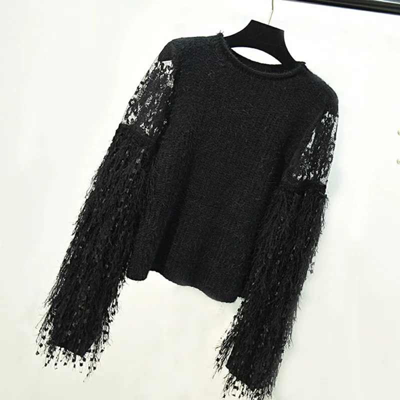 TWOTWINSTYLE свитер с кисточками женский кружевной лоскутный ажурный рукав-фонарик вязаный пуловер с круглым вырезом джемпер Весенняя мода - Цвет: black
