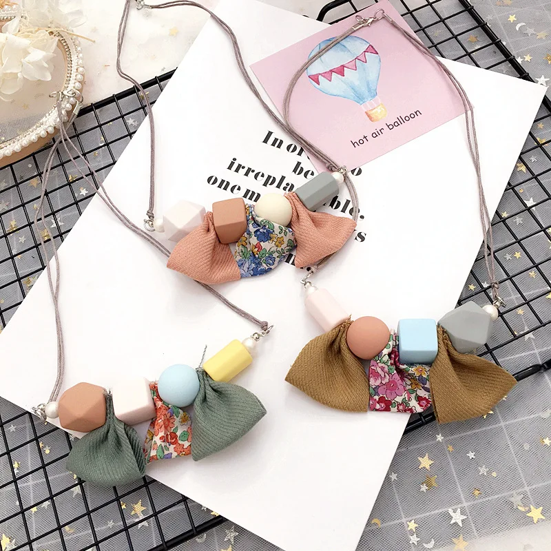 Korea Cute Acrylic Bead Floral Fabric Necklace & Pendant Baby Chain