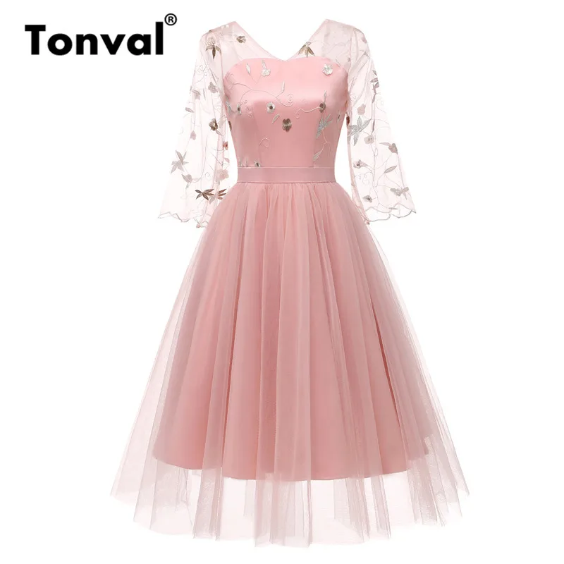 

Tonval Embroidered Mesh Pink Dress Vintage Retro 2/3 Sleeve Women Ball Gown Midi Dresses Backless Robe Elegant Dress