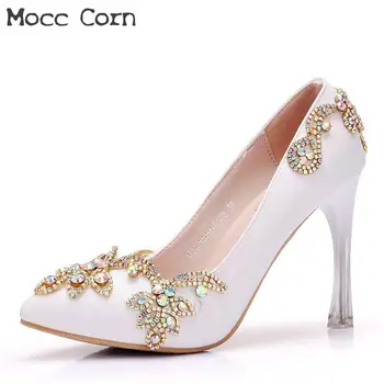 

Women Red White Crystal Wedding Shoes Bride High Heels Rhinestone Pointed Toe Pumps Thin Heel Sexy High Heels Valentine Shoes
