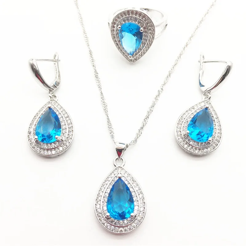 

Water Drop Zircon White Zircon Jewelry Sets 925 Silver Earrings Ring Necklace Pendant For Women