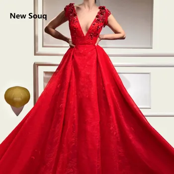 

Custom Made Red A-Line Lace Evening Dresses Sexy Deep V-neck Cap Sleeves Appliqued Evening Gowns Sweep Train Long Prom Dress
